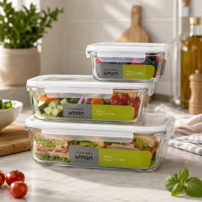 3‑Pcs Premium Rectangle Glass Storage Set with Lids (1806) by Limon
