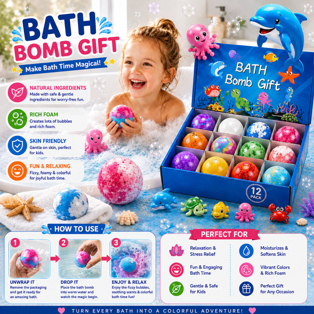 Colorful Bath Bomb Gift Set with Colorful Fizzy Surprise Sea Animals