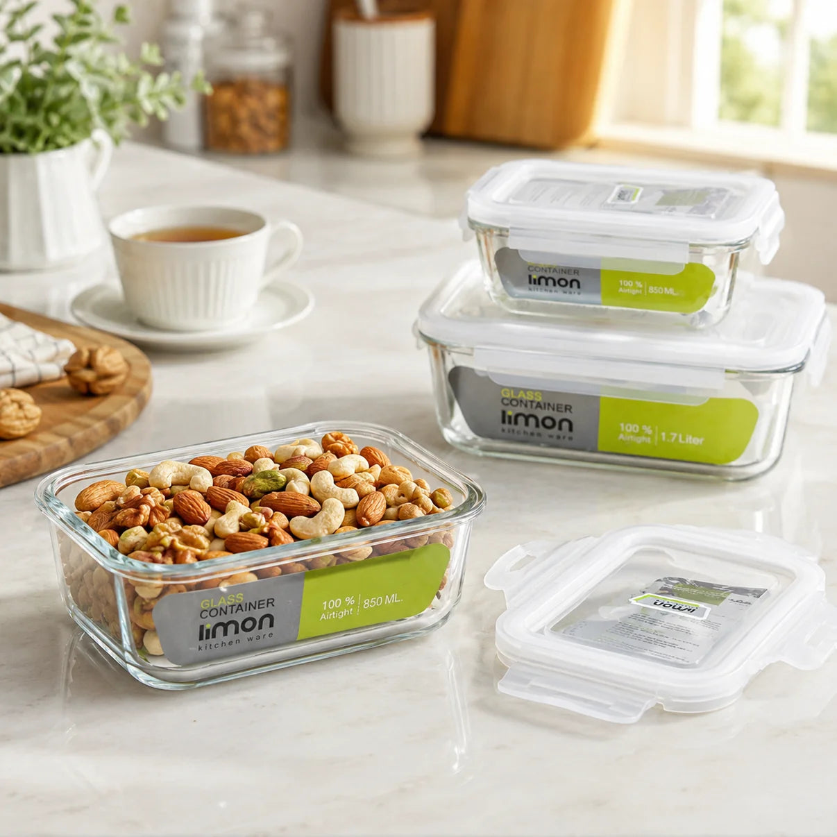 3‑Pcs Premium Rectangle Glass Storage Set with Lids (1806) by Limon